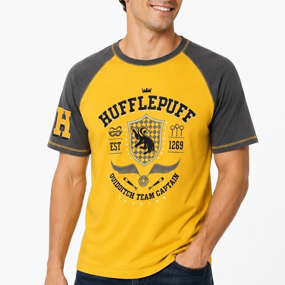 Harry Potter Hufflepuff Quidditch Team Captain Raglan T-Shirt Yellow Gray Size L